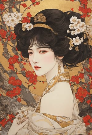 score_9, (80s Posters) BOOK OF THE Gustav Klimt & Red and White Plum Blossoms collaboration, art station, BANDE DESSINÉE story transcription, full color, carnival,Obsidian_Gold, Gold Screen