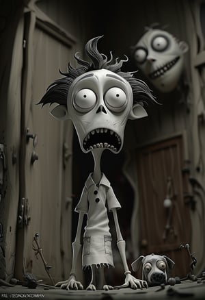 (Design: Tim Burton. Artwork based on concept art full body design of theme (Frankenweenie) Oblique angle shot, Anatomy, Trending on ArtStation, Trending on CGSociety, Exquisite, High resolution, Sharp focus, Dramatic, Photorealistic painting art by Midjourney and Greg Rutkowski, LegendDarkFantas, 