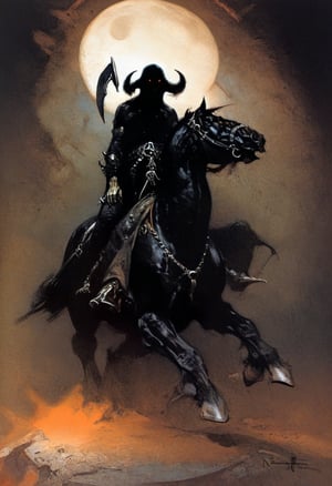 score_9, source_Poster, (Darkness and Shadow by Nicola Samori),(?! Frame Comics) Frank Frazetta's Persuasion (Art Collection), fr4z3tt4, Dark, Grim Reaper on a Black Horse