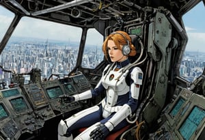 A girl in a skin-tight plug suit yells (grabbing the control lever) as she pilots a robot cockpit of valves, pipes, cables, holograms and displays. Sharp, detailed, cinematic, epic, detailed, messy, cluttered. Maschinen Krieger ZbV3000. (Artworks Mechanical design by Hiroshi Yokoyama)In military colors and with distressed finish.CXL-Mech., Gundam Wing Cockpit,diorama