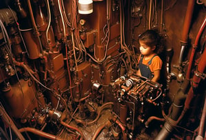 A young girl in work clothes, covered in oil, is wedged in a small space with valves, pipes, cables and ducts, tightening a valve. Sharp, detailed, cinematic, epic, detailed, messy, cluttered and sidelong glanced. <> CXL-Mech.Apoloniasxmasbox