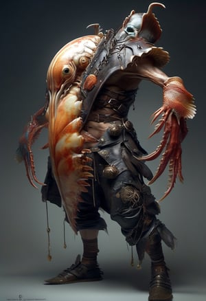 (Design: Yasushi Nirazawa. Artwork based on full-body design of concept art with (shellfish) theme, variation) Punk leather fashion, asymmetrical character, oblique angle shot, anatomy, trending on ArtStation, trending on CGSociety, elaborate, high resolution, sharp focus, dramatic, photorealistic painting art by Midjourney and Greg Rutkowski, LegendDarkFantas