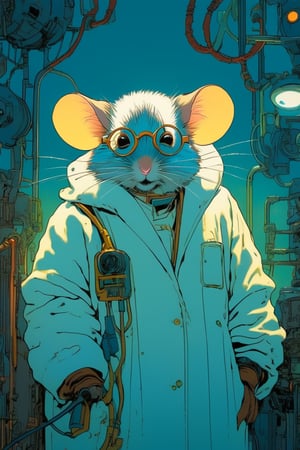 Dr. Harvest Mouse in round glasses and white coat, (?!-Panel Comic) Tortured by MOEBIUS (cyberpunk), Art Station, Bande Dessinée story transcription, full color