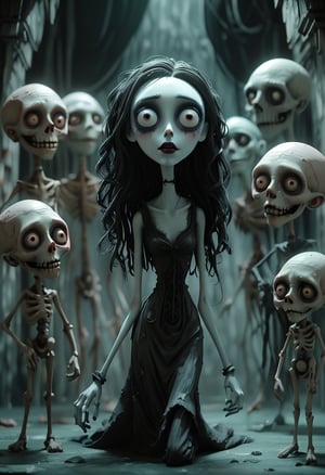 (Design: Tim Burton. Artwork based on full-body design of concept art for the theme (Tim Burton's Corpse Bride) Oblique angle shot, Anatomy, Trending on ArtStation, Trending on CGSociety, Exquisite, High Resolution, Sharp Focus, Dramatic, Photorealistic painting art by Midjourney and Greg Rutkowski, LegendDarkFantas, Characters take dramatic and striking poses and scenes are set in nightmarish, distorted environments to reflect the protagonist's inner turmoil. Camerawork and Visual Effects: 1. Intense Visual Distortion: Apply intense visual distortion and static noise with noticeable film grain effects to mimic deteriorated film reels. Incorporate flickering, horizon lines and occasional color shifts to create an unsettling atmosphere. 2. Glitch and Interference Effects: Incorporate strong glitch effects such as screen tearing, pixelation and signal interference to intensify the sense of disorientation and fear. 3. Dynamic Angles: Use extreme and disorienting camera angles such as distorted perspectives, canted shots, and fast, erratic movements to heighten the sense of fear. 4. Static Close-ups: Focus on extreme close-ups of the protagonist's face or dark energy, adding static, visual glitches, and distortions to intensify the psychological impact. 5. Dark Flickering Lighting: Use very dim, mostly monochromatic lighting with the addition of fast flickering and erratic shadows to create a sense of dread.