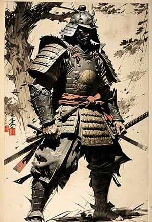 score_9, source_Comics, (2 page comic) (Japanese samurai wearing Japanese armor launch a decapitation battle from the darkness), Bande Dessinée story transfer, full color, excellent picture quality, exquisite details,charcoal drawing,charcoal \(medium\)