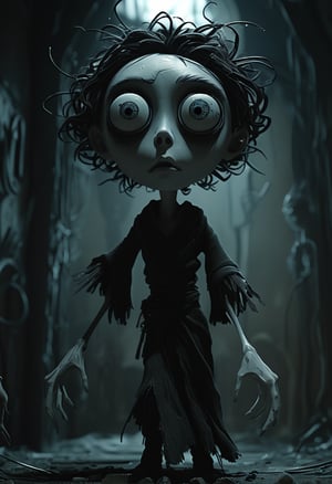 (Design: Tim Burton. Artwork based on concept art full body design of theme (Tim Burton's Corpse Bride) Oblique angle shot, Anatomy, Trending on ArtStation, Trending on CGSociety, Exquisite, High resolution, Sharp focus, Dramatic, Photorealistic painting art by Midjourney and Greg Rutkowski, LegendDarkFantas, A dark and eerie anime protagonist unleashing a powerful cursed or psychic ultimate attack. The character is in a dramatic, imposing pose, channeling intense dark energy or supernatural forces. The scene is set in a nightmarish, distorted environment, reflecting the protagonist’s inner turmoil. The ultimate attack appears as chaotic, swirling dark energy, eldritch shapes, or a menacing shadowy vortex. Camera Work and Visual Effects: 1. Heavy Visual Distortion: Apply intense visual distortions and static noise, with a prominent film grain effect to mimic a deteriorated film reel. Include flickering, horizontal lines, and occasional color shifts to create an unsettling atmosphere. 2. Glitch and Interference Effects: Incorporate strong glitch effects, such as screen tearing, pixelation, and signal interference, to enhance the sense of disorientation and horror. 3. Dynamic Angles: Use extreme, disorienting camera angles like skewed perspectives, tilted shots, or quick, erratic movements to heighten the sense of dread. 4. Close-ups with Static: Focus on extreme close-ups of the protagonist’s face or the dark energy, with added static, visual glitches, and distortion to intensify the psychological impact. 5. Gloomy and Flickering Lighting: Use very dim, almost monochromatic lighting with rapid flickers and erratic shadows to evoke a horror movie aesthetic. Add occasional bursts of intense light to emphasize key moments of the attack. samurai, warrior, glitching