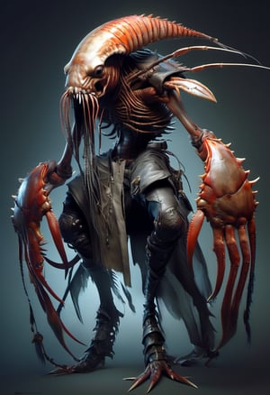 (Design: Yasushi Nirazawa. Artwork based on full-body design of concept art with (crustacean) theme, variation) Punk leather fashion, asymmetrical character, oblique angle shot, anatomy, trending on ArtStation, trending on CGSociety, elaborate, high resolution, sharp focus, dramatic, photorealistic painting art by Midjourney and Greg Rutkowski, LegendDarkFantas