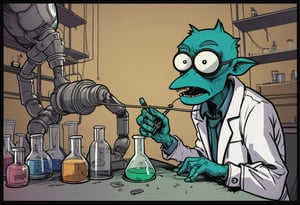 score_9, source_comic, (?!-frame comic) Persuade by jamie hewlett (Mad Science), All Color, research lab