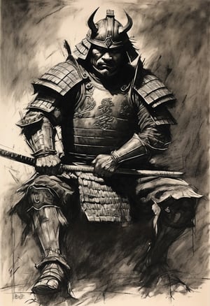 SIMON BISLEY intense art collection, Art Station (Japanese samurai wearing Japanese armor launch a decapitation battle from the darkness), Bande Dessinée story transfer, full color, excellent picture quality, exquisite details,charcoal drawing,charcoal \(medium\)