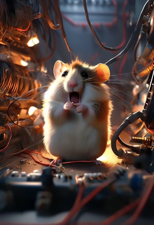 a (complaining:1.1) hamster tangled in wires performing poor maintenance by neglecting the hamster-wheel, (wasn't me i swear!:1.2), (server-room:1.3), server, cables, (sparks:1.2), can't win!, 404, loose graphics-cards, sharp, detailed, cinematic, epic scale, detailed, denial, confusion, (vocal:1.3), clutter, mess, side eyeing, fire, smoke, <> CXL-Mech