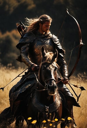 A majestic medieval archer sits atop a stallion, supple leather armor glistening in sun-drenched meadow, quiver slung over shoulder. Notched bow held taut, gaze fixed on rolling hills as golden dust swirls around. Windswept hair flows behind like river of night, single gold-edged black rose petals at feet. Framing shot: low-angle, archer centered, stallion's mane flowing in front. Lighting: warm sunlight casting long shadows. Composition: leading lines from stallion to archer, diagonal pose emphasizing strength. Action: bow notched, ready to fire. Location: sun-kissed meadow with distant hills. Subject: medieval archer, majestic black stallion, golden dust. Japan: Archery from horseback