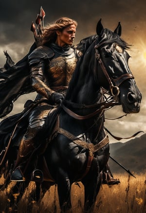 A low-angle shot captures the majestic medieval archer sitting atop a strong and sleek black stallion in a sun-kissed meadow. The archer's supple leather armor glistens warmly under the sunlight casting long shadows. With quiver slung over shoulder, notched bow held taut, and gaze fixed on rolling hills, the archer exudes strength and focus. Golden dust swirls around, and windswept hair flows behind like a river of night, with single gold-edged black rose petals at their feet. The framing emphasizes the archer's centered pose atop the stallion, whose flowing mane creates leading lines to the subject. The warm lighting highlights the archer's leather armor and the majestic black stallion.