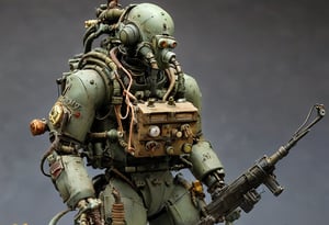 Maschinen Krieger ZbV3000. In military colors and with distressed finish. Equipped with large weapons taken from an air raid diorama. Cables, sharp, cinematic, epic scale, detailed, messy, fire, smoke, CXL-Mech, legendary dark fantasy, diorama