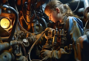 A young girl in work clothes, covered in oil, squeezed into a tight space with valves, pipes, cables and ducts, tightening a valve. Sharp, detailed, cinematic, spectacular, detailed, messy, cluttered, looking at the scope of work. <> CXL-Mech.Apoloniasxmasbox,DonMD34thKn1gh7XL