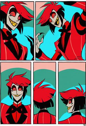 (w-Panel Comic)(Part 1 above, Part 2 below) .Hazbin Hotel. （Alastor）:A mysterious man dressed in all red. He is characterized by his red-based color scheme, including red hair, red eyes, and a red suit. He is a deer demon. He is always smiling, which leaves an impression.,vaggie