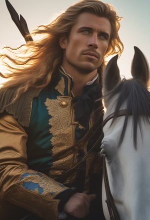 A close-up shot of Archer, dressed in 18th century attire, sits confidently atop a powerful black stallion. The sun casts a warm golden light upon his rugged features as he gazes out into the distance, his piercing blue eyes squinting slightly against the bright sky. The camera frames Archer's determined expression and the majestic horse's flowing mane, set against a rolling green landscape.