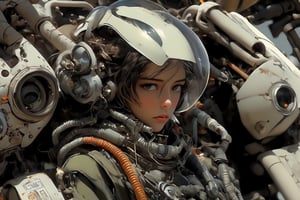 A girl (holding the control lever) in a tight fitting plug suit pilots a robot cockpit made of valves, pipes, cables and graphic cards. Sharp, detailed, cinematic, epic, detailed, messy and cluttered. < Maschinen Krieger ZbV3000. (Artwork mechanical design: Hiroshi Yokoyama) In military colors, with a textured finish. Gundam Wing Cockpit, ct-nijireal