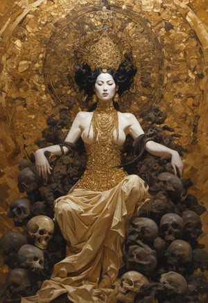 (Flesh and form, gold and bronze, collaboration between Frank Frazetta and Gustav Klimt), Thousand-Armed Kannon Bodhisattva sitting on a hellish throne made of bones and skulls, beautiful and merciful face, very graceful, perspective from above, (depth of field), rage and destruction,