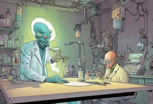 (?!-Panel Comic) Tortured by MOEBIUS (Mad Science), Art Station, Bande Dessinée story transcription, full color, 19th century style laboratory
