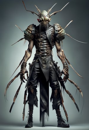 (Design: Yasushi Nirazawa. Artwork based on full-body design of concept art with (Locust) theme, variation) , Punk leather fashion, asymmetrical character, oblique angle shot, anatomy,
