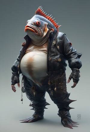 (Design: Yasushi Nirazawa. Artwork based on full-body design of concept art with (Deep-sea fish) theme, variation) Ugly and fat, Punk leather fashion, asymmetrical character, oblique angle shot, anatomy, trending on ArtStation, trending on CGSociety, elaborate, high resolution, sharp focus, dramatic, photorealistic painting art by Midjourney and Greg Rutkowski, LegendDarkFantas