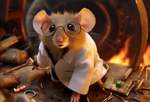 Dr. Harvest Mouse in round glasses and white coat, server, cable, loose graphics card, sharp, detailed, cinematic, epic scale, detail, denial, confusion, mess, clutter, sideways glance, fire, smoke, <> CXL-Mech Hole in wall, human life seen through hole