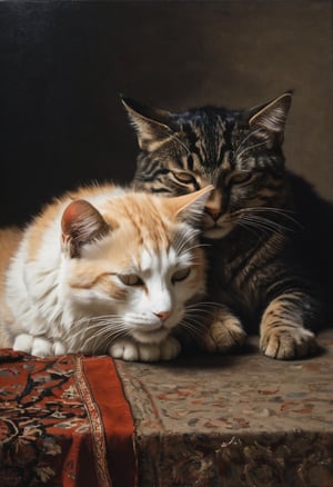 Cat and cat sleeping together in the style of Alessandro Magnasco