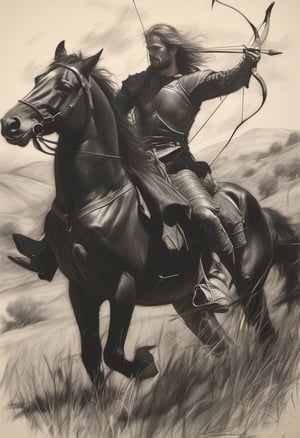 A medieval archer dressed in leather armor, quiver slung over his shoulder, rides a majestic black stallion across a sun-kissed meadow. The archer's bow is notched and ready to fire as he gazes out at the rolling hills, the wind blowing through his hair.,charcoal \(medium\)