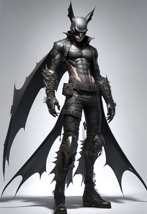 (Design: Yasushi Nirazawa. Artwork based on full-body design of concept art with (Bat) theme, variation) , Punk leather fashion, asymmetrical character, oblique angle shot, anatomy, 