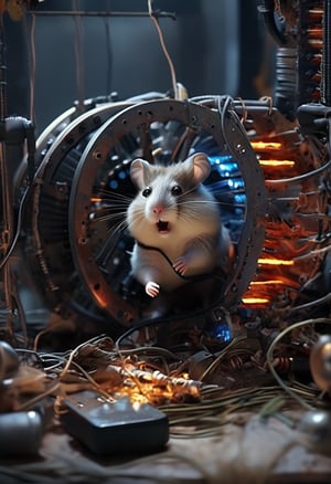 a (complaining:1.1) hamster tangled in wires performing poor maintenance by neglecting the hamster-wheel, (wasn't me i swear!:1.2), (server-room:1.3), server, cables, (sparks:1.2), can't win!, 404, loose graphics-cards, sharp, detailed, cinematic, epic scale, detailed, denial, confusion, (vocal:1.3), clutter, mess, side eyeing, fire, smoke, <> CXL-Mech,DonMD34thKn1gh7XL,death knight,runeblade