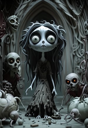 (Design: Tim Burton. Artwork based on full-body design of concept art for theme (Corpse Bride by Tim Burton) Oblique angle shot, Anatomy, Trending on ArtStation, Trending on CGSociety, Exquisite, High resolution, Sharp focus, Dramatic, Photorealistic painting art by Midjourney and Greg Rutkowski, LegendDarkFantas, A dark and creepy anime protagonist is attacked by a powerful curse, Characters take dramatic and imposing poses and scenes are set in nightmarish distorted environments, reflecting the protagonist's inner turmoil. Camerawork and Visual Effects: 1. Intense visual distortion: Apply intense visual distortion and static noise with noticeable film grain effects to mimic degraded film reels. Incorporate flickering, horizon lines and occasional color shifts to create an unsettling atmosphere. 2. Glitch and interference effects: Incorporate strong glitch effects such as screen tearing, pixelation and signal interference to enhance the sense of disorientation and fear. 3. Dynamic angles: Use extreme and disorienting camera angles such as distorted perspectives, tilted shots and fast erratic movements to enhance the sense of fear. 4. Close-ups with static: Focus on extreme close-ups of the protagonist's face or dark energy, adding static, visual glitches and distortions to intensify the psychological impact. 5. Dark and flickering lighting: Add quick flickering and erratic shadows to very dim, almost monochromatic lighting to evoke a horror movie aesthetic. Occasionally use bursts of intense light to highlight key moments of the attack. Fairy tale