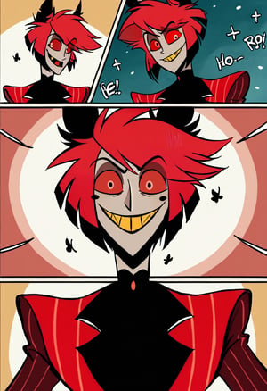 (w-Panel Comic)(Part 1 above, Part 2 below) .Hazbin Hotel. （Alastor）:A mysterious man dressed in all red. He is characterized by his red-based color scheme, including red hair, red eyes, and a red suit. He is a deer demon. He is always smiling, which leaves an impression.,vaggie