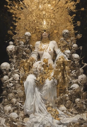 (Flesh and form, gold and bronze, collaboration between Frank Frazetta and Gustav Klimt), Thousand-Armed Kannon sitting on a throne made of bones and skulls, beautiful and compassionate face, very elegant, perspective from above, (depth of field), rage and destruction,