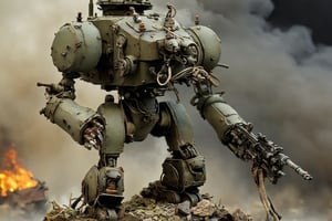 Maschinen Krieger ZbV3000. In military colors and with distressed finish. Equipped with large weapons taken from an air raid diorama. Cables, sharp, cinematic, epic scale, detailed, messy, fire, smoke, CXL-Mech, legendary dark fantasy, ct-nijireal