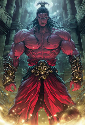 A dark and mystical realm unfolds in a w-frame comic illustration. In the foreground, a heroic ninja warrior, inspired by Jamie Hewlett's style, is depicted in a dynamic pose, with muscles tensed as they writhe in agony. A crimson-hued aura surrounds them, symbolizing their inner turmoil. In the background, a majestic fantasy landscape unfolds, complete with towering spires and ancient ruins. The atmosphere is heavy with an otherworldly energy, evoking a sense of foreboding and impending doom.