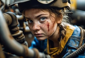 Close-up shot of a young girl in worn jeans and a stained mechanic's uniform, her face smeared with engine oil as she wrestles to tighten a valve amidst a chaotic tangle of pipes, cables, and ducts. Her eyes narrow in focus as she surveys the scope of work before her, her expression a testament to her determination.