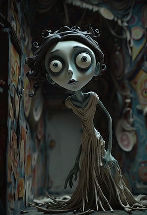 (Design: Tim Burton. Artwork based on full-body design of concept art for the theme (Tim Burton's Corpse Bride) Oblique angle shot, Anatomy, Trending on ArtStation, Trending on CGSociety, Exquisite, High Resolution, Sharp Focus, Dramatic, Photorealistic painting art by Midjourney and Greg Rutkowski, LegendDarkFantas, Characters take dramatic and striking poses and scenes are set in nightmarish, distorted environments to reflect the protagonist's inner turmoil. Camerawork and Visual Effects: 1. Intense Visual Distortion: Apply intense visual distortion and static noise with noticeable film grain effects to mimic deteriorated film reels. Incorporate flickering, horizon lines and occasional color shifts to create an unsettling atmosphere. 2. Glitch and Interference Effects: Incorporate strong glitch effects such as screen tearing, pixelation and signal interference to intensify the sense of disorientation and fear. 3. Dynamic Angles: Use extreme and disorienting camera angles such as distorted perspectives, canted shots, and fast, erratic movements to heighten the sense of fear. 4. Static Close-ups: Focus on extreme close-ups of the protagonist's face or dark energy, adding static, visual glitches, and distortions to intensify the psychological impact. 5. Dark Flickering Lighting: Use very dim, mostly monochromatic lighting with the addition of fast flickering and erratic shadows to create a sense of dread.,crafted ceramic