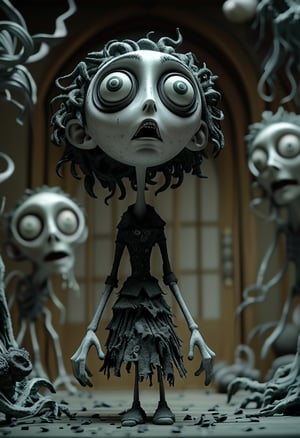 (Design: Tim Burton. Artwork based on concept art full body design of theme (Tim Burton's Corpse Bride) Oblique angle shot, Anatomy, Trending on ArtStation, Trending on CGSociety, Exquisite, High resolution, Sharp focus, Dramatic, Photorealistic painting art by Midjourney and Greg Rutkowski, LegendDarkFantas, A dark and eerie anime protagonist unleashing a powerful cursed or psychic ultimate attack. The character is in a dramatic, imposing pose, channeling intense dark energy or supernatural forces. The scene is set in a nightmarish, distorted environment, reflecting the protagonist’s inner turmoil. The ultimate attack appears as chaotic, swirling dark energy, eldritch shapes, or a menacing shadowy vortex. Camera Work and Visual Effects: 1. Heavy Visual Distortion: Apply intense visual distortions and static noise, with a prominent film grain effect to mimic a deteriorated film reel. Include flickering, horizontal lines, and occasional color shifts to create an unsettling atmosphere. 2. Glitch and Interference Effects: Incorporate strong glitch effects, such as screen tearing, pixelation, and signal interference, to enhance the sense of disorientation and horror. 3. Dynamic Angles: Use extreme, disorienting camera angles like skewed perspectives, tilted shots, or quick, erratic movements to heighten the sense of dread. 4. Close-ups with Static: Focus on extreme close-ups of the protagonist’s face or the dark energy, with added static, visual glitches, and distortion to intensify the psychological impact. 5. Gloomy and Flickering Lighting: Use very dim, almost monochromatic lighting with rapid flickers and erratic shadows to evoke a horror movie aesthetic. Add occasional bursts of intense light to emphasize key moments of the attack, 