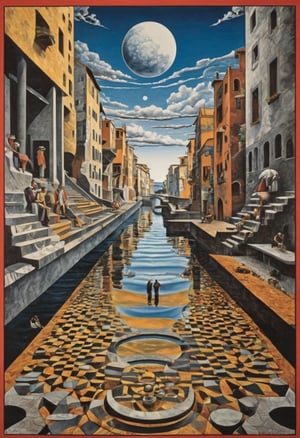  (80s poster) M.C.Escher and Giorgio de Chirico, Art Station, Full Color, Salvador Dali style
