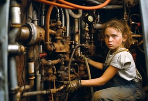 A young girl in work clothes, covered in oil, is wedged in a small space with valves, pipes, cables and ducts, tightening a valve. Sharp, detailed, cinematic, epic, detailed, messy, cluttered and sidelong glanced. <> CXL-Mech.Apoloniasxmasbox