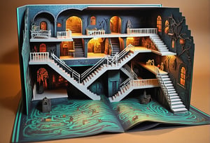 Pop-up book (basement in a haunted house)Underground labyrinth sewer, stairs