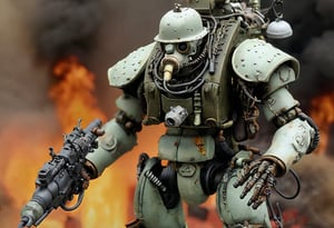 Maschinen Krieger ZbV3000. In military colors and with distressed finish. Equipped with large weapons taken from an air raid diorama. Cables, sharp, cinematic, epic scale, detailed, messy, fire, smoke, CXL-Mech, legendary dark fantasy