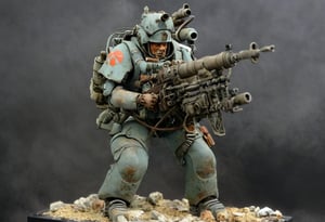 Maschinen Krieger ZbV3000. In military colors and with distressed finish. Equipped with large weapons taken from an air raid diorama. Cables, sharp, cinematic, epic scale, detailed, messy, fire, smoke, CXL-Mech, legendary dark fantasy, ct-nijireal