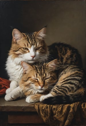 Cat and cat sleeping together in the style of Alessandro Magnasco