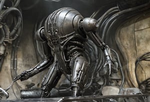 Inspired by HR Giger and Ghibli's hyperweapon designs, a futuristic mechanic stands alone in a sleek, monochromatic outfit that blends into its metallic surroundings. A faint haze of steam rises from the machine. A headless suit of powered armor designed like an upside-down egg. Each joint is thick, military-colored and distressed. It is equipped with a large weapon taken from an air raid diorama. Cable, Sharp, Cinematic, Epic Scale, Detailed, Messy, Fire, Smoke, Crisp, Transparent, Soaking Wet, Analog Style, (HR Giger), Anatomy, Trending on ArtStation, Trending on CGSociety, Exquisite, High Resolution, Focus, Dramatic, Photorealistic Painting Art by Midjourney and Greg Rutkowski, Oil Stain, Female Genitalia, Male Genitalia, CXL Mech, Vector Art Illustration