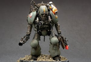 Maschinen Krieger ZbV3000. In military colors and with distressed finish. Equipped with large weapons taken from an air raid diorama. Cables, sharp, cinematic, epic scale, detailed, messy, fire, smoke, CXL-Mech, legendary dark fantasy, ct-nijireal