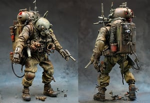 Maschinen Krieger ZbV3000. In military colors and with distressed finish. Equipped with large weapons taken from an air raid diorama. Cables, sharp, cinematic, epic scale, detailed, messy, fire, smoke, CXL-Mech, legendary dark fantasy, diorama