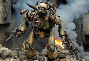 Maschinen Krieger ZbV3000. In military colors and with distressed finish. Equipped with large weapons taken from an air raid diorama. Cables, sharp, cinematic, epic scale, detailed, messy, fire, smoke, CXL-Mech, legendary dark fantasy, ct-nijireal