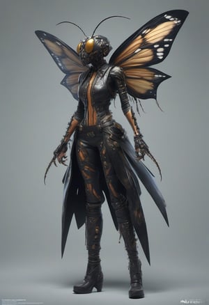 (Design: Yasushi Nirazawa. Artwork based on the insect-themed concept art full-body design, variation) Punk leather fashion, asymmetrical character, diagonal angle shot, Anatomy, Trending on ArtStation, Trending on CGSociety, Exquisite, High Resolution, Sharp Focus, Dramatic, Photorealistic Painting Art by midjourney and greg rutkowski, LegendDarkFantas