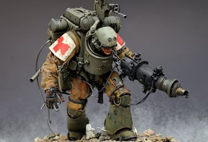 Maschinen Krieger ZbV3000. In military colors and with distressed finish. Equipped with large weapons taken from an air raid diorama. Cables, sharp, cinematic, epic scale, detailed, messy, fire, smoke, CXL-Mech, legendary dark fantasy, ct-nijireal